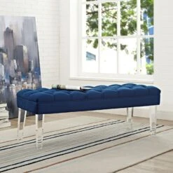 Other Bench In Navy Velvet Fabric W Clear Acrylic Legs