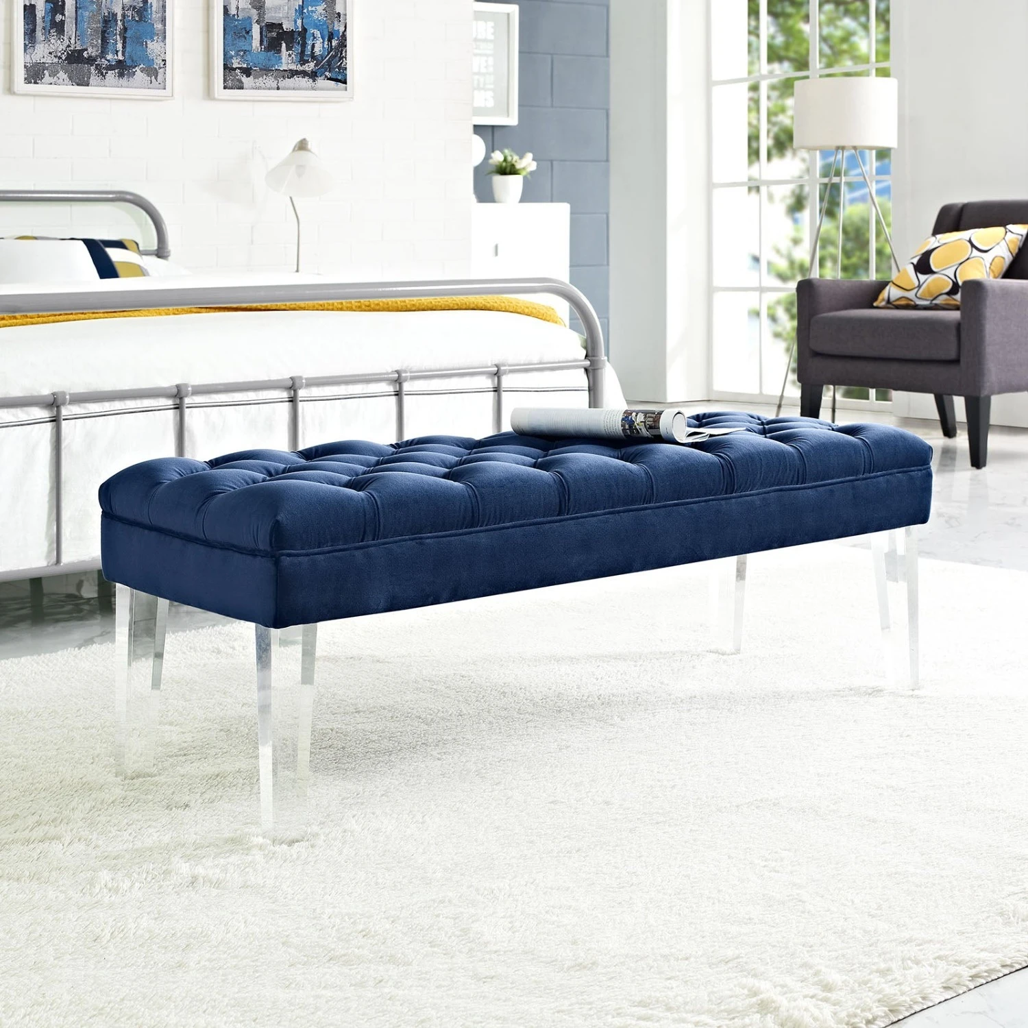 Other Bench In Navy Velvet Fabric W Clear Acrylic Legs - Image 2