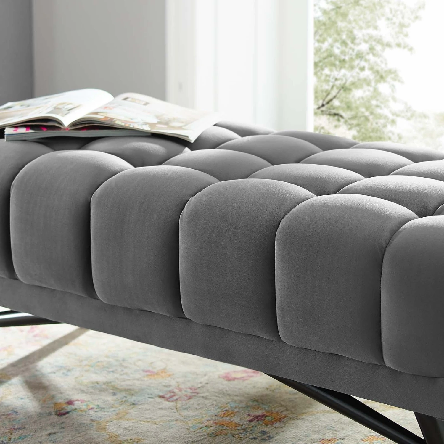 Other 47.5" Bench In Gray Velvet Polyester Upholstery - Image 3