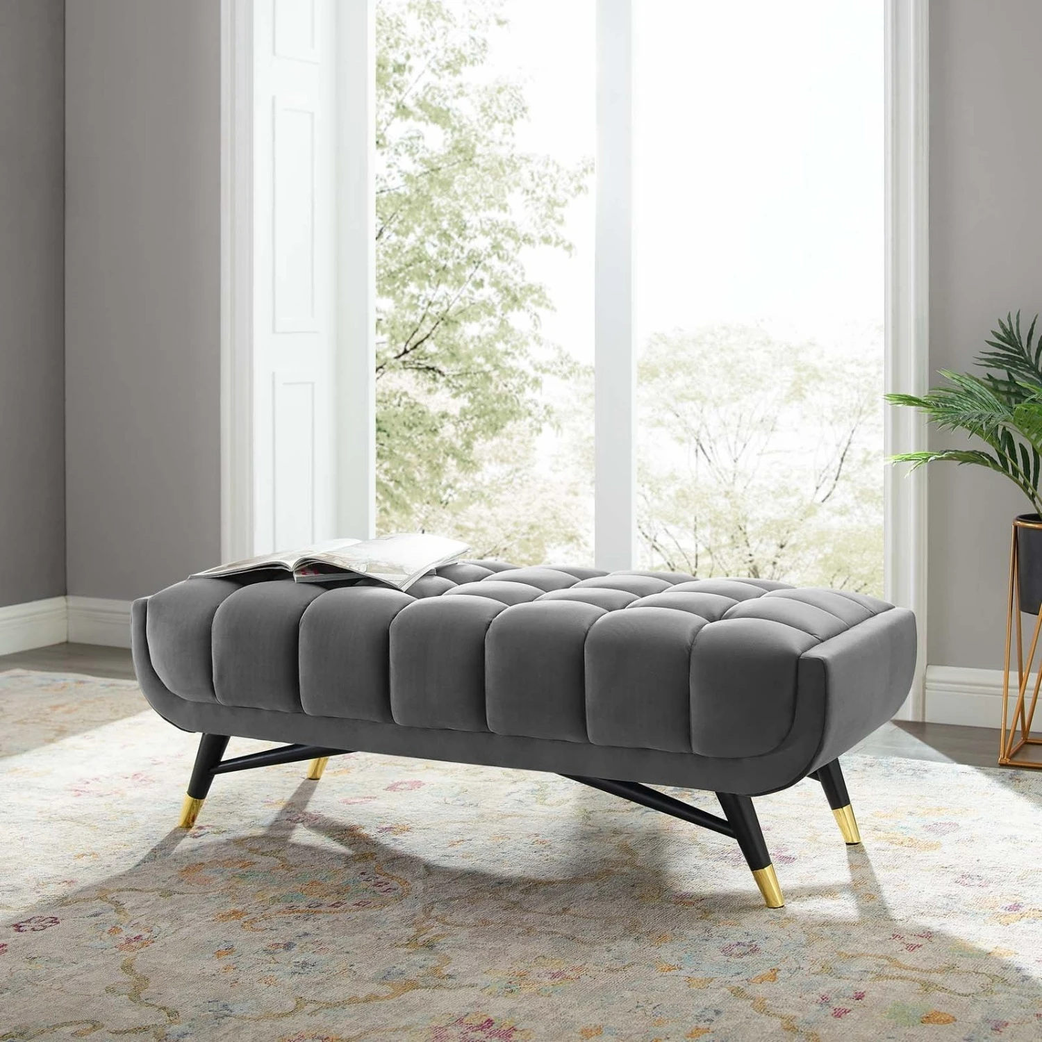Other 47.5" Bench In Gray Velvet Polyester Upholstery - Image 7