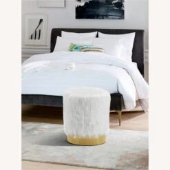 Other Ottoman In White Faux Fur With Gold Steel Base