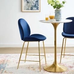Other Counter Stool In Navy Polyester Fabric & Gold Legs