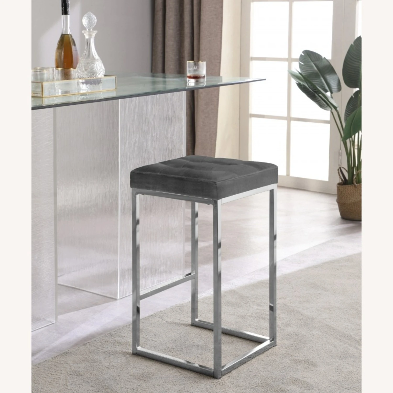 Other Counter Stool In Grey Velvet W/ Tufted Seat - Image 2