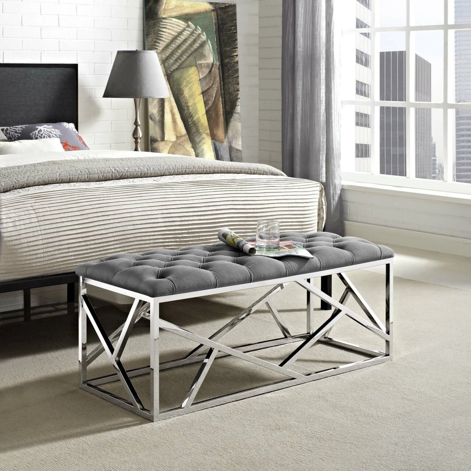 Other Modern Bench In Gray Tufted Velvet Fabric - Image 4